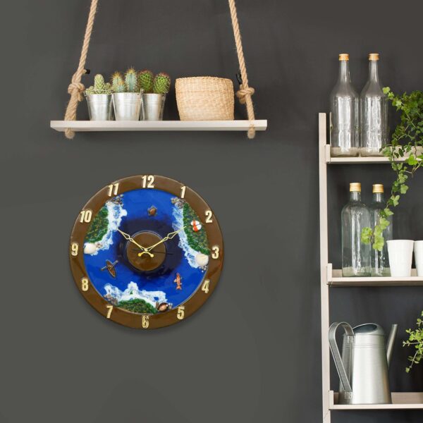 Exquisite Wooden Handmade Wall Clock Ocen Blue ith Green And White Printed Acrylic Wall Clock For Home & Office Decorative Big Size Clock (16 Inch) - Image 4